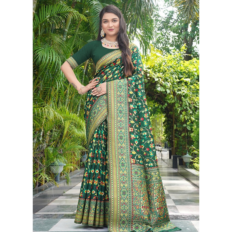 Dark Green Pasmina Silk Saree With Blouse Piece - JD986605177