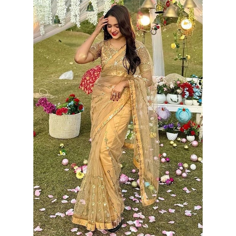 Gold Net Saree With Blouse Piece - JD986605174