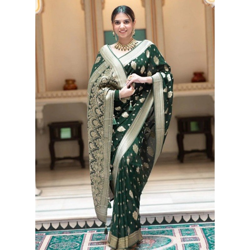 Green Banarasi Silk Saree With Blouse Piece - JD986605166