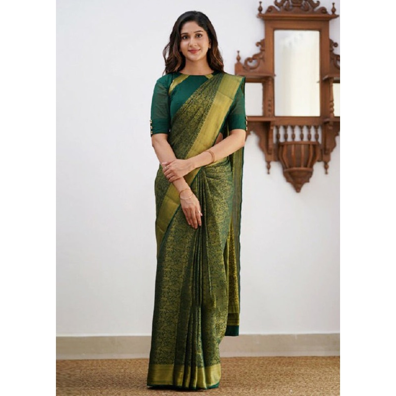 Green Banarasi Silk Saree With Blouse Piece - JD986605167