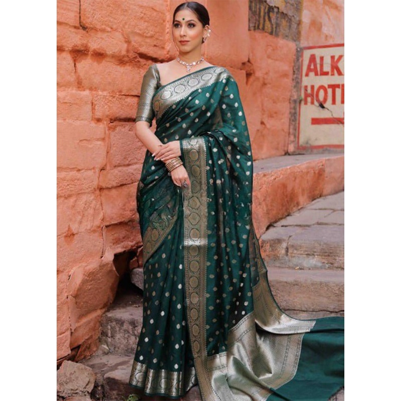 Green Banarasi Silk Saree With Blouse Piece - JD986605169