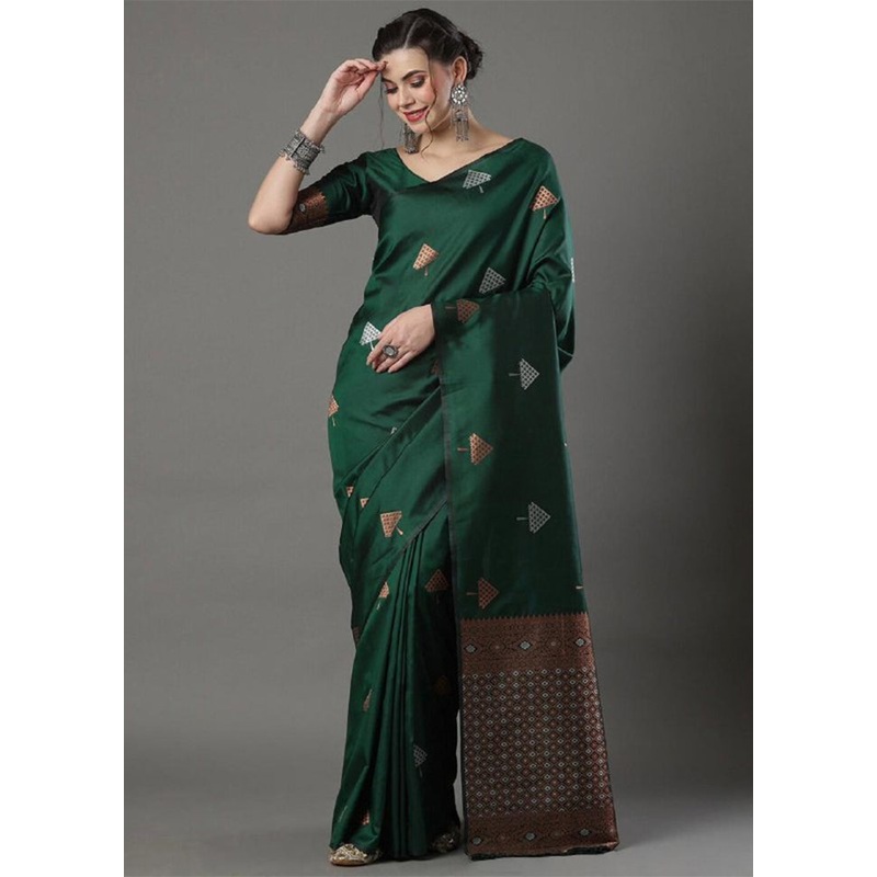 Green Banarasi Silk Saree With Blouse Piece - JD986605171