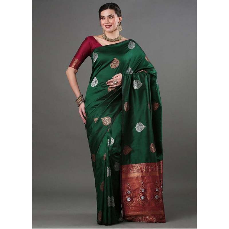 Green Banarasi Silk Saree With Blouse Piece - JD986605173