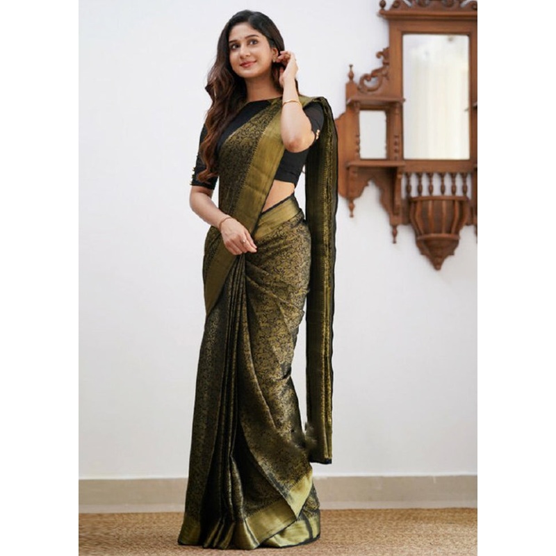 Green Banarasi Silk Saree With Blouse Piece - JD986605223