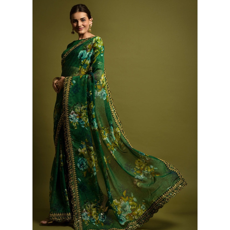 Green Chiffon Silk Saree With Blouse Piece - JD986605160