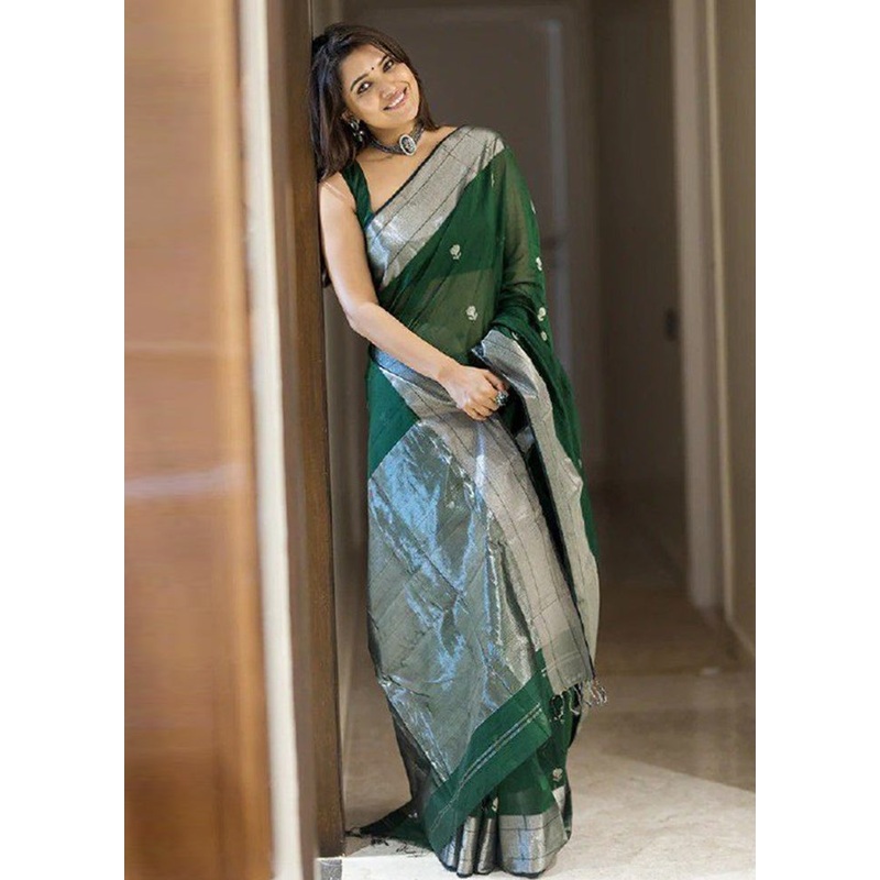 Green Cotton Saree With Blouse Piece - JD986605159