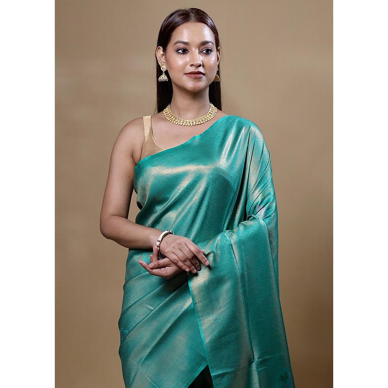 Green Dupion Silk Saree With Blouse Piece - JD986605088