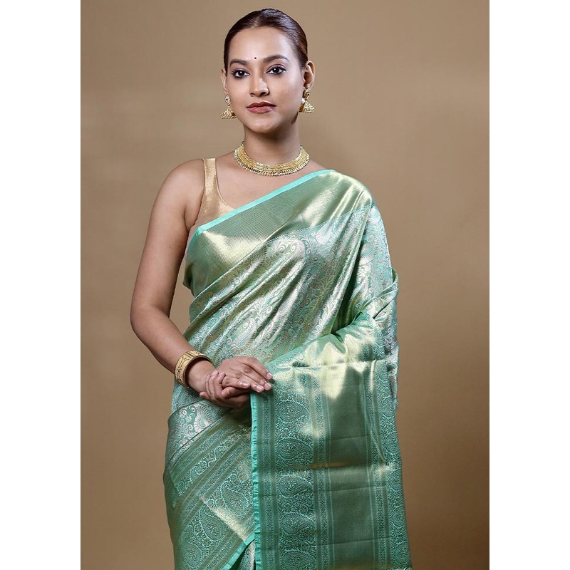 Green Handloom Kanchipuram Pure Silk Saree With Blouse Piece - JD986605084