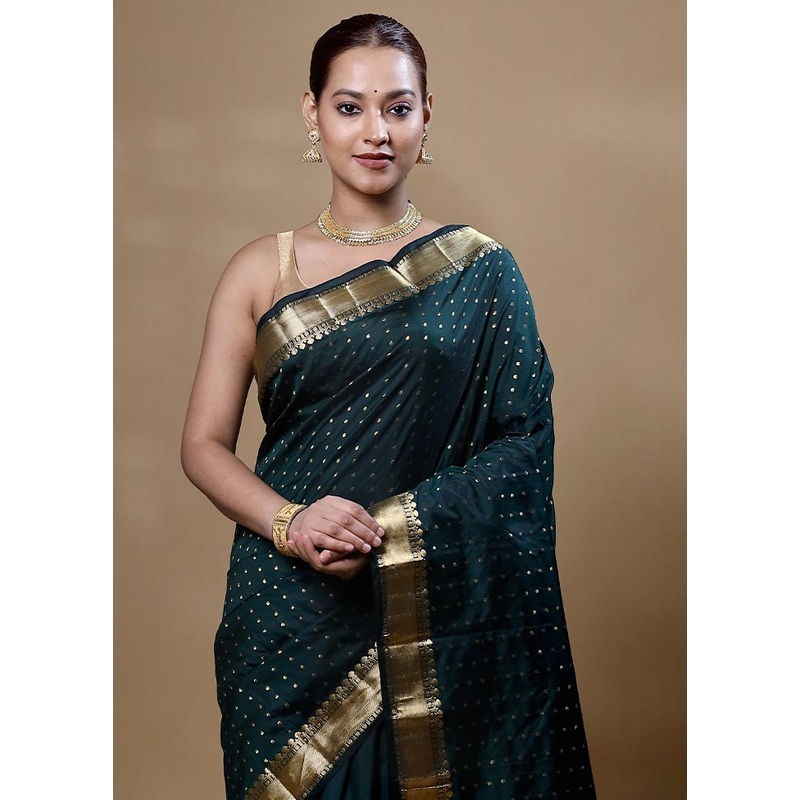 Green Hazar Butti Kanjivaram Silk Saree With Blouse Piece - JD986605082