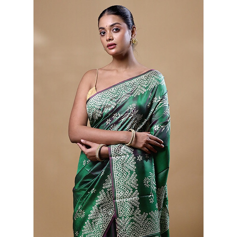 Green Printed Pure Silk Saree Without Blouse Piece - JD986605274