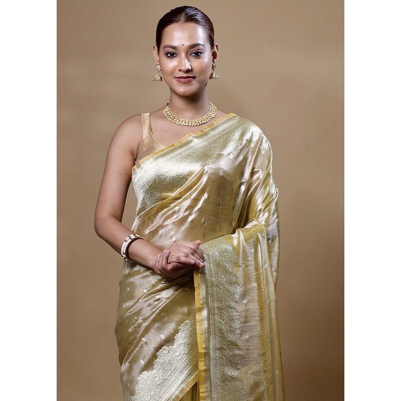 Green Tissue Silk Saree With Blouse Piece - JD986605081