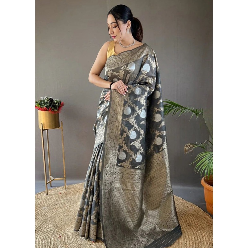Grey Banarasi Silk Saree With Blouse Piece - JD986605156