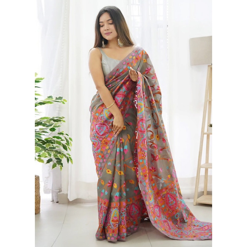 Grey Banarasi Silk Saree With Blouse Piece - JD986605157