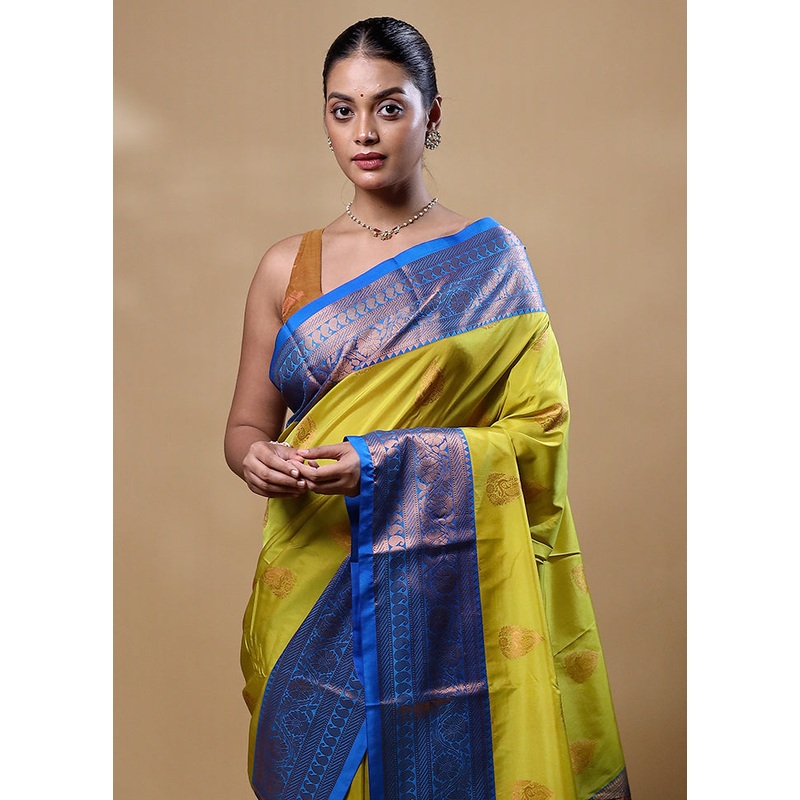 Lemon Yellow Kanjivaram Silk Saree With Blouse Piece - JD986605271