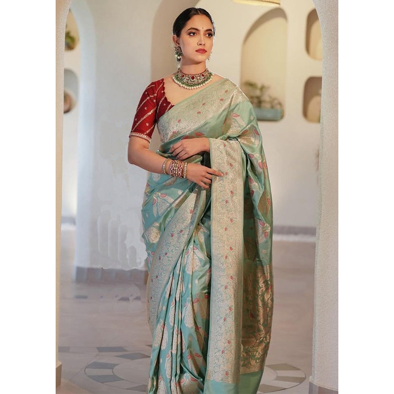 Light Green Banarasi Silk Saree With Blouse Piece - JD986605153