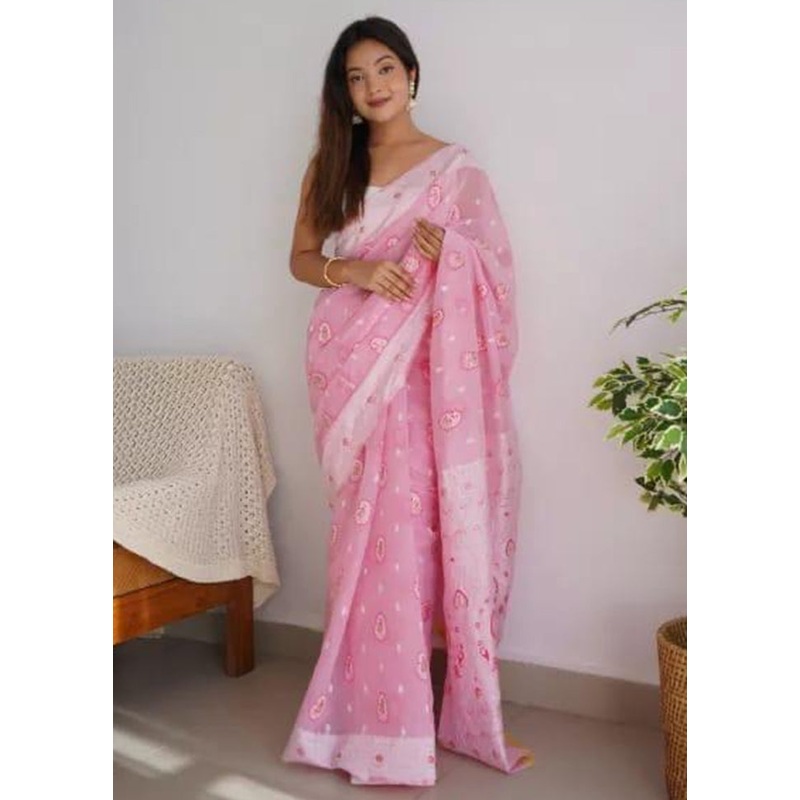 Light Pink Cotton Saree With Blouse Piece - JD986605152