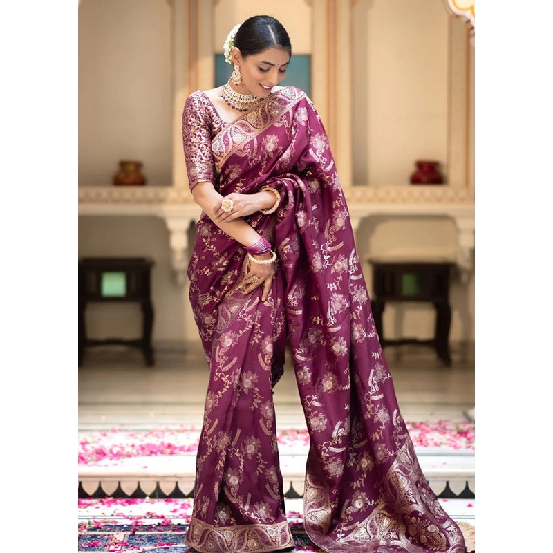 Magenta Banarasi Silk Saree With Blouse Piece - JD986605149