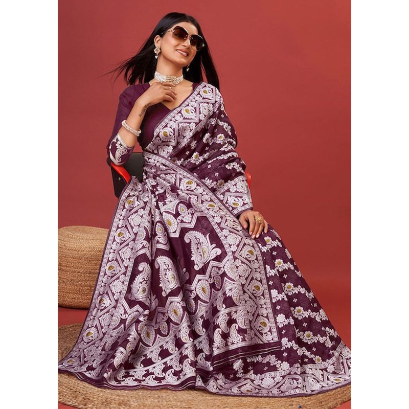 Magenta Cotton Saree With Blouse Piece - JD986605148
