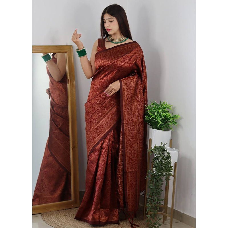 Maroon Banarasi Silk Saree With Blouse Piece - JD986605140