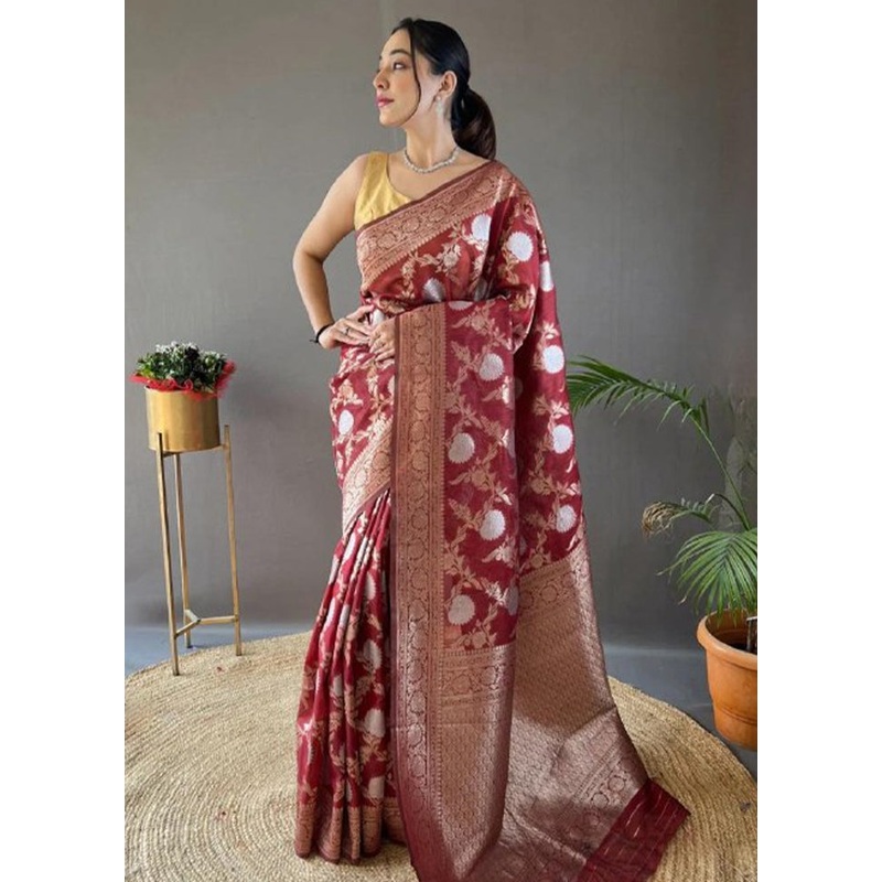 Maroon Banarasi Silk Saree With Blouse Piece - JD986605142