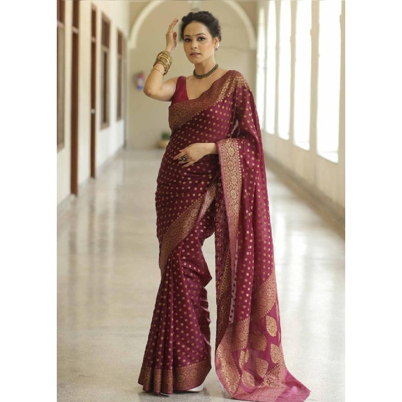 Maroon Banarasi Silk Saree With Blouse Piece - JD986605143