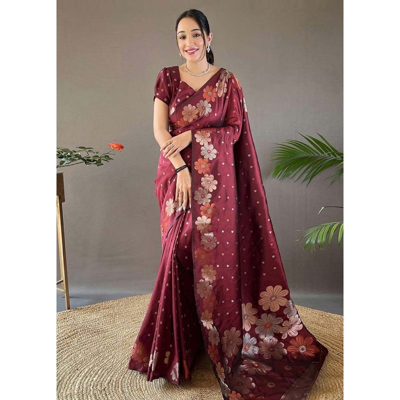 Maroon Banarasi Silk Saree With Blouse Piece - JD986605145