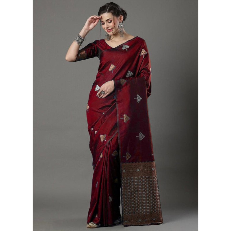 Maroon Banarasi Silk Saree With Blouse Piece - JD986605146