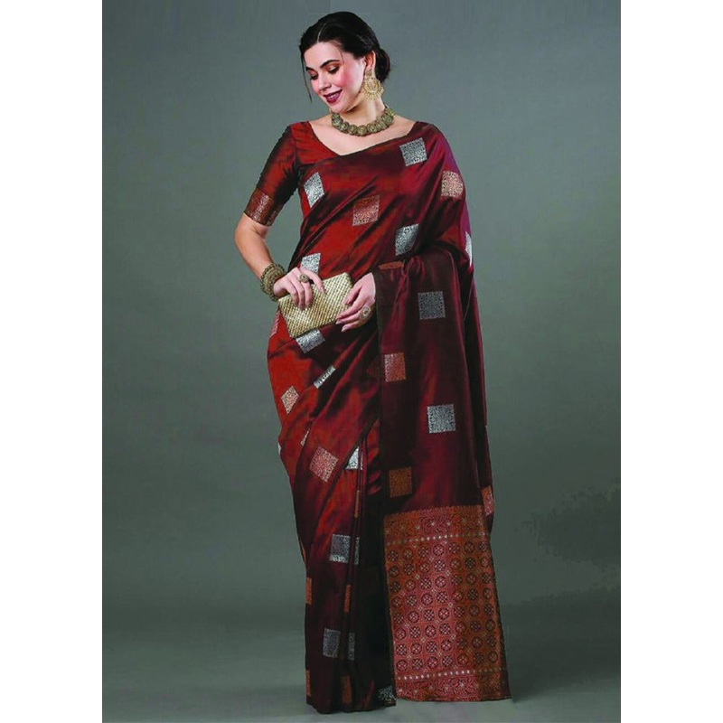 Maroon Banarasi Silk Saree With Blouse Piece - JD986605147