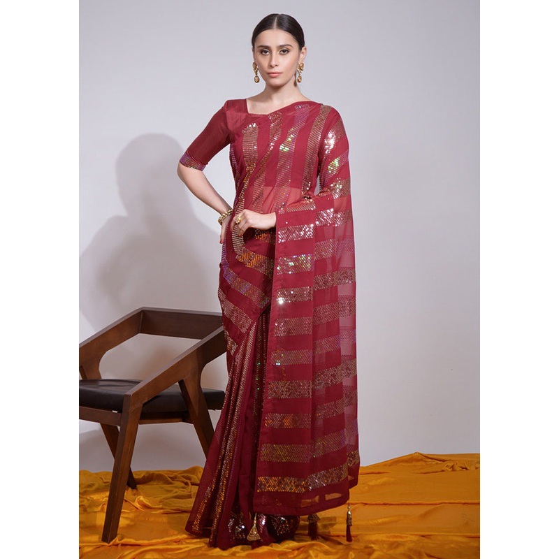 Maroon Georgette Saree With Blouse Piece - JD986605138