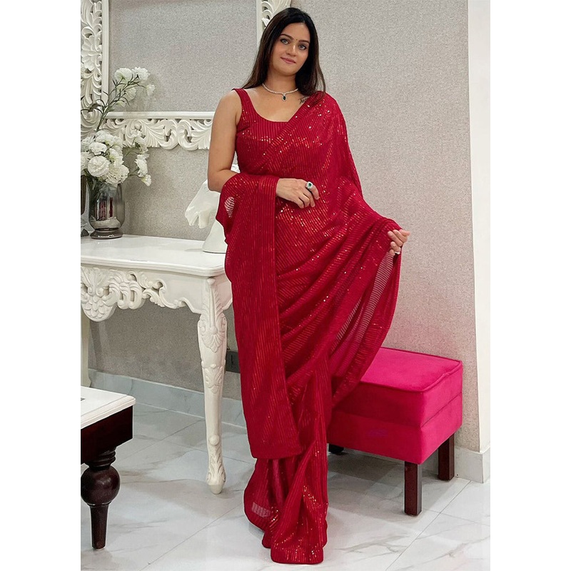Maroon Georgette Saree With Blouse Piece - JD986605139