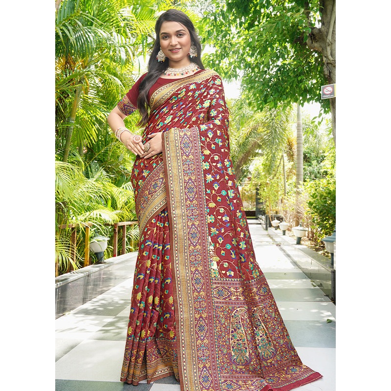 Maroon Pasmina Silk Saree With Blouse Piece - JD986605137