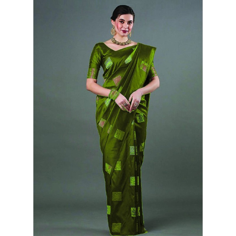 Mehendi Green Banarasi Silk Saree With Blouse Piece - JD986605135