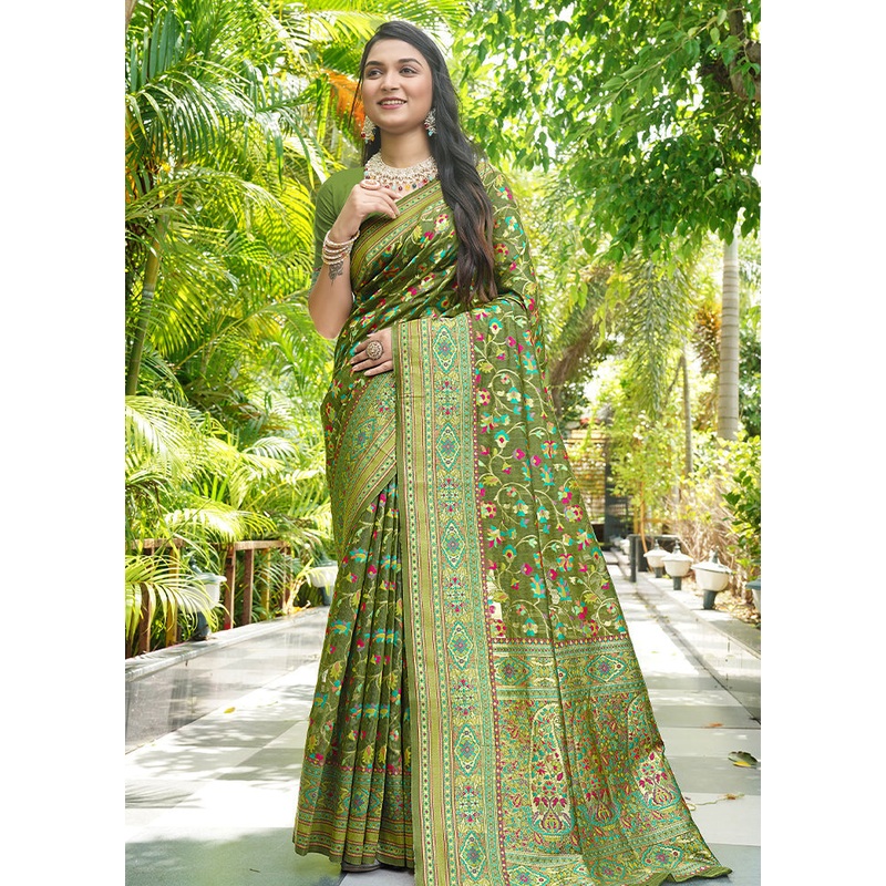 Mehendi Green Pasmina Silk Saree With Blouse Piece - JD986605132