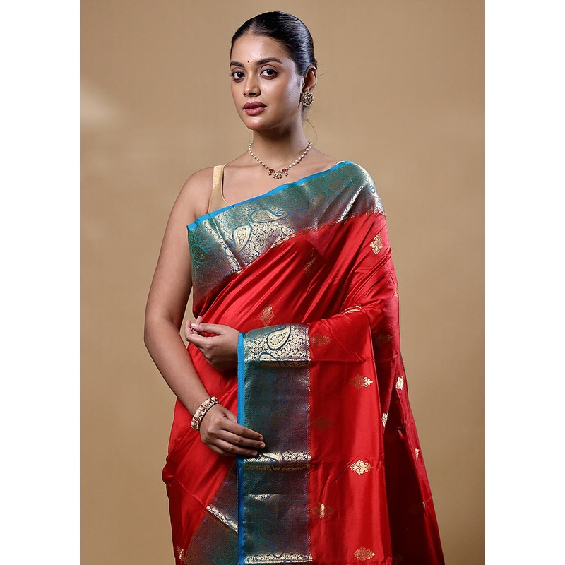 Orange Handloom Kanjivaram Pure Silk Saree With Blouse Piece - JD986605263