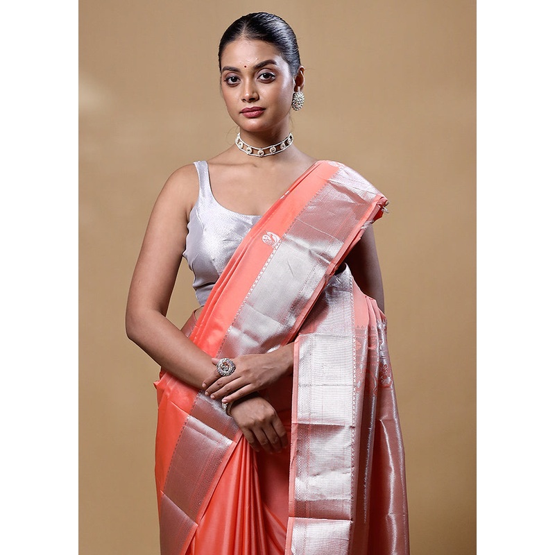 Orange Kanjivaram Silk Saree With Blouse Piece - JD986605259