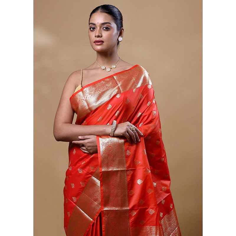 Orange Kanjivaram Silk Saree With Blouse Piece - JD986605261