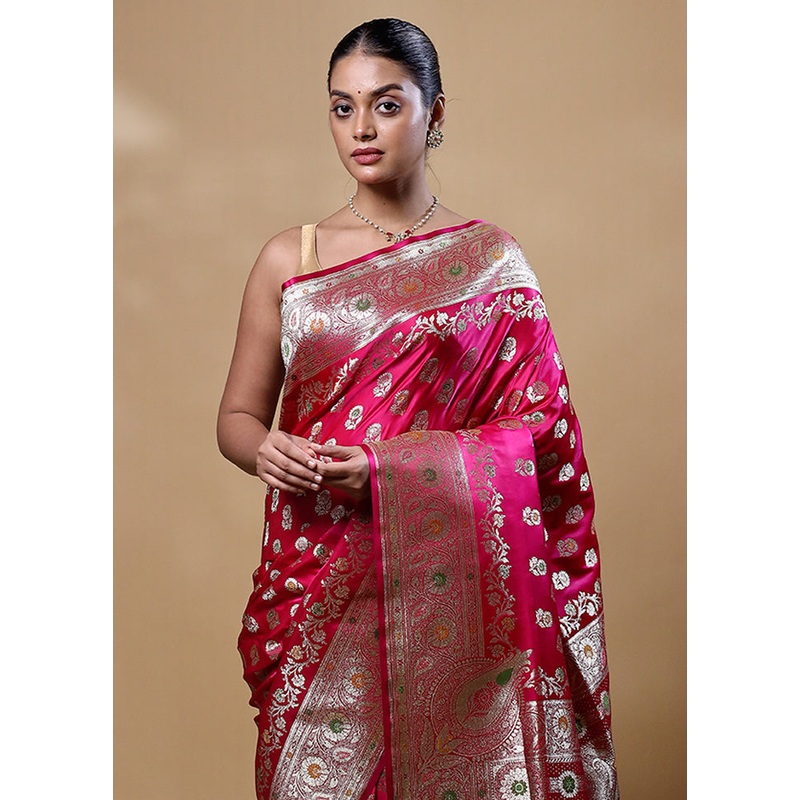 Pink Banarasi Silk Saree With Blouse Piece - JD986605257