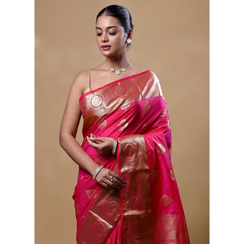 Pink Kanjivaram Silk Saree With Blouse Piece - JD986605252