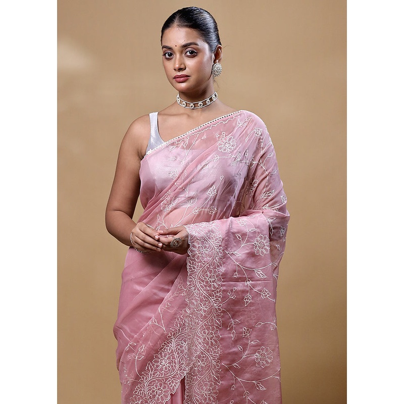 Pink Organza Saree With Blouse Piece - JD986605250