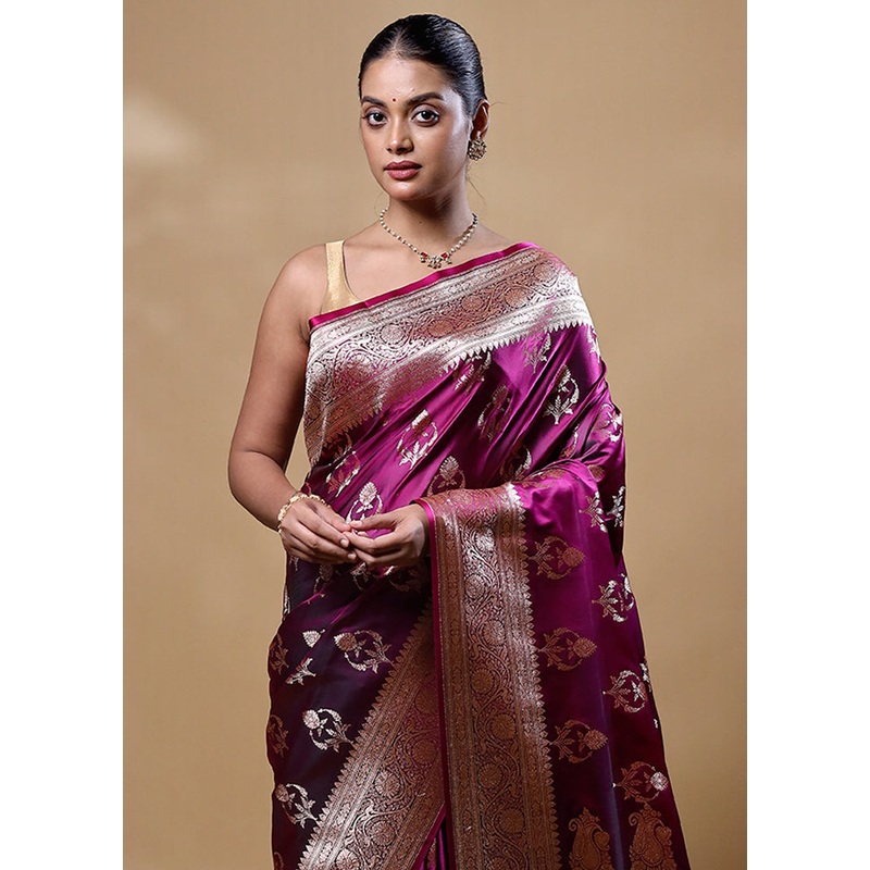 Purple Banarasi Silk Saree With Blouse Piece - JD986605248