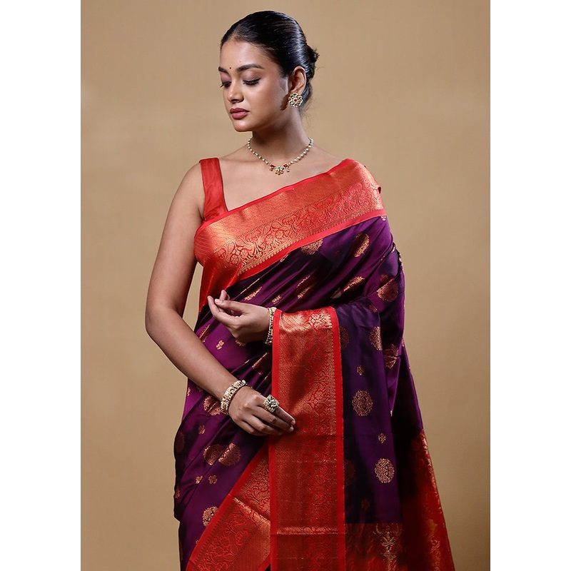 Purple Kanjivaram Silk Saree With Blouse Piece - JD986605245