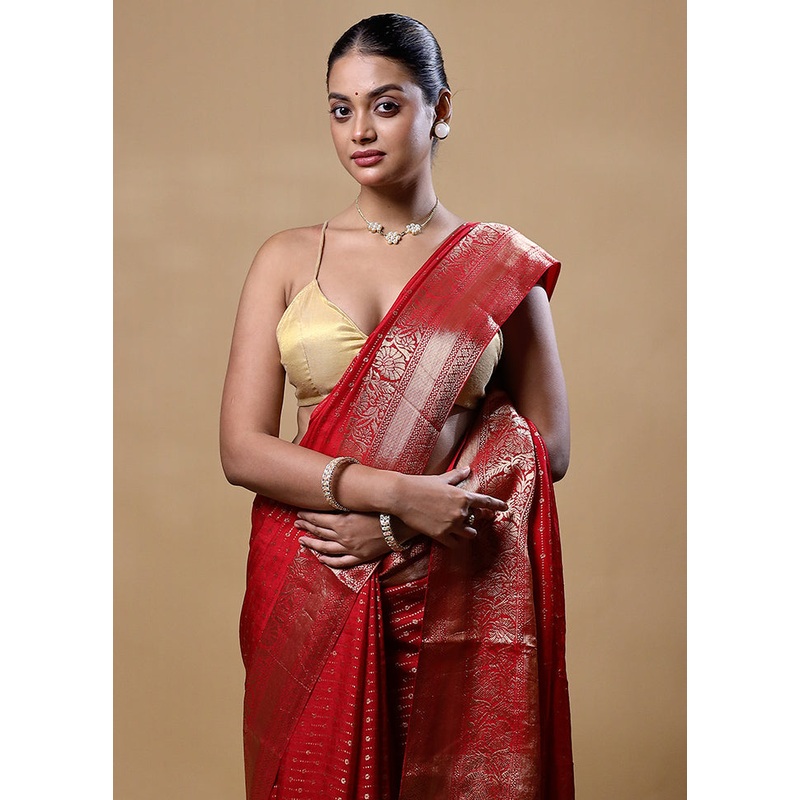 Red Dupion Silk Saree With Blouse Piece - JD986605242