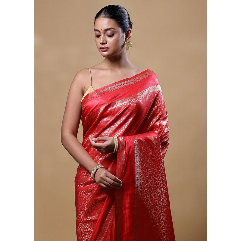 Red Dupion Silk Saree With Blouse Piece - JD986605243