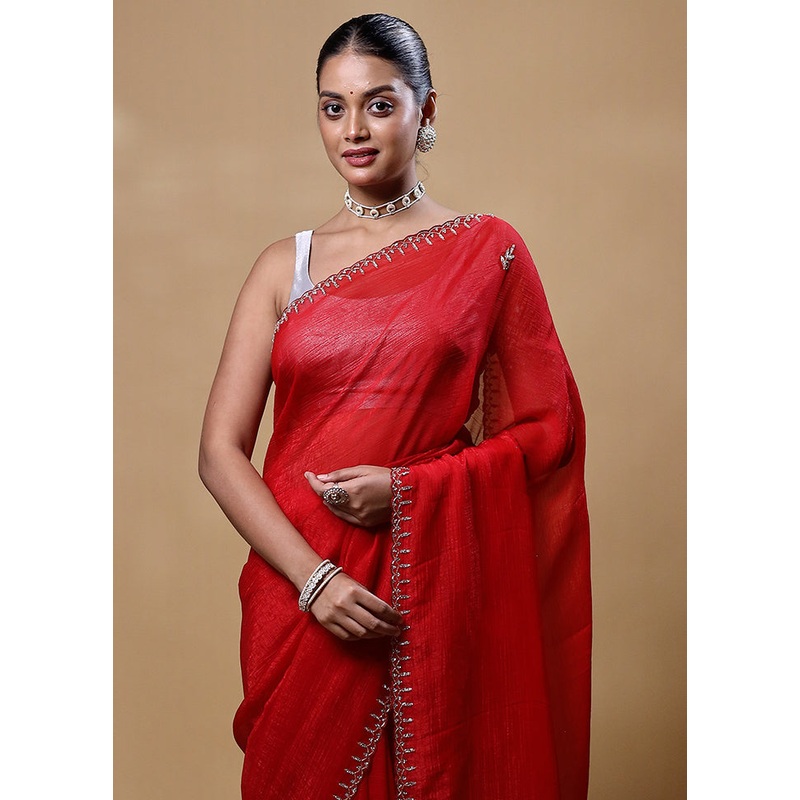 Red Silk Saree With Blouse Piece - JD986605241