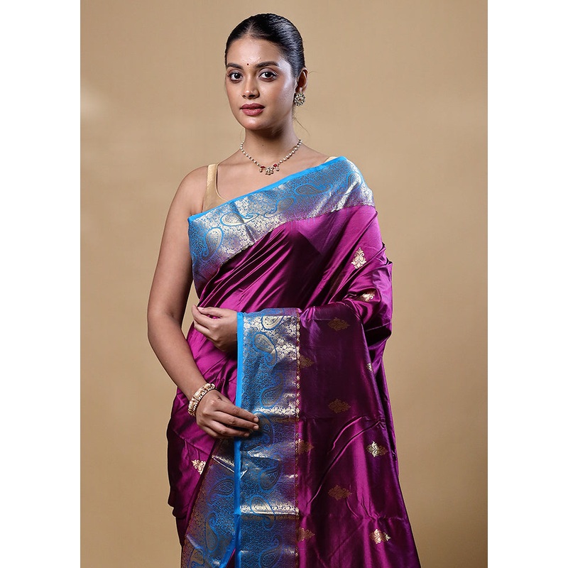 Violet Handloom Kanjivaram Pure Silk Saree With Blouse Piece - JD986605239