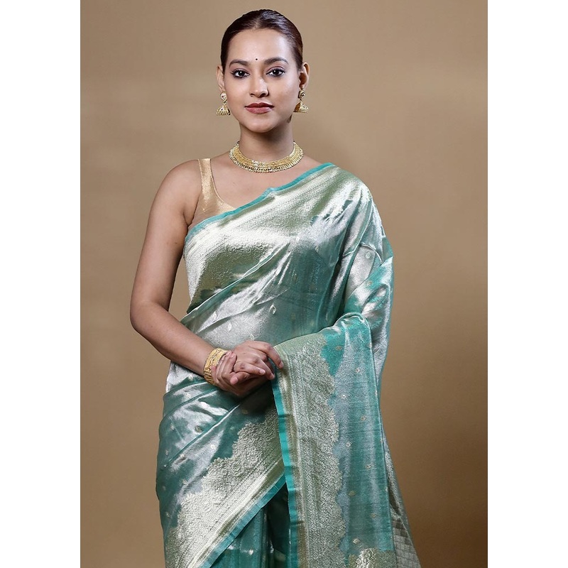 Green Tissue Silk Saree With Blouse Piece - JD986605080