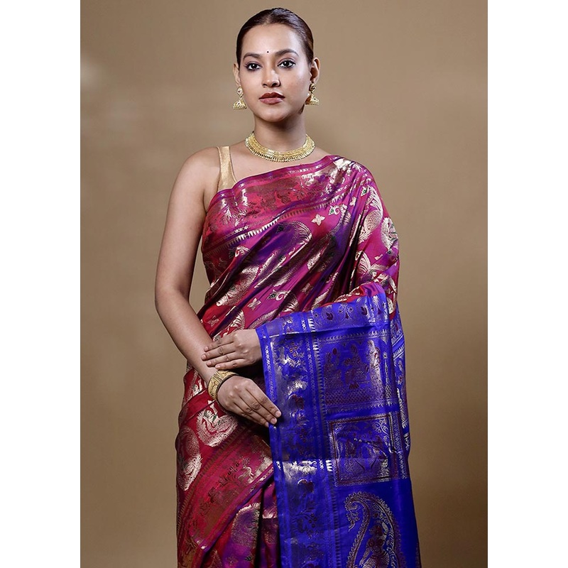 Magenta Handloom Baluchari Pure Silk Saree With Blouse Piece - JD986605077