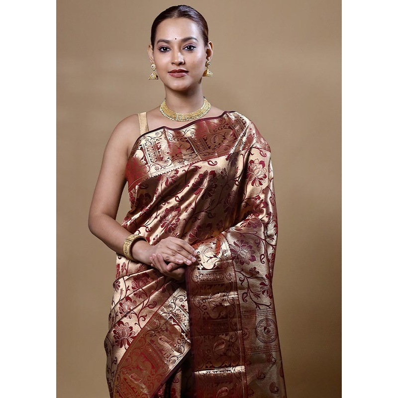 Maroon Handloom Kanjivaram Pure Silk Saree With Blouse Piece - JD986605075