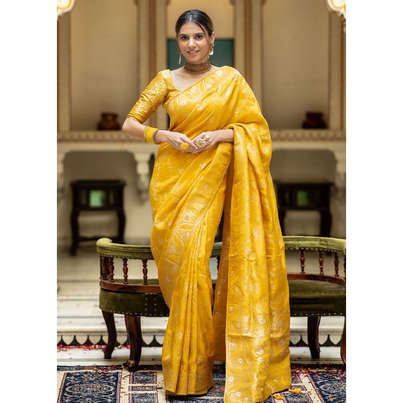 Mustard Banarasi Silk Saree With Blouse Piece - JD986605009