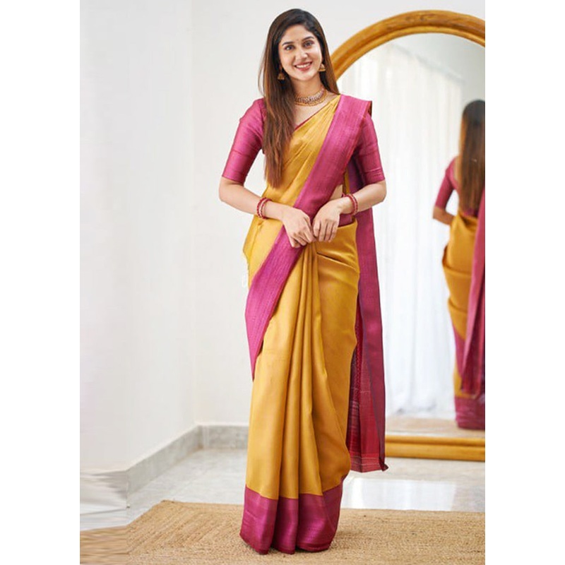 Mustard Banarasi Silk Saree With Blouse Piece - JD986605010